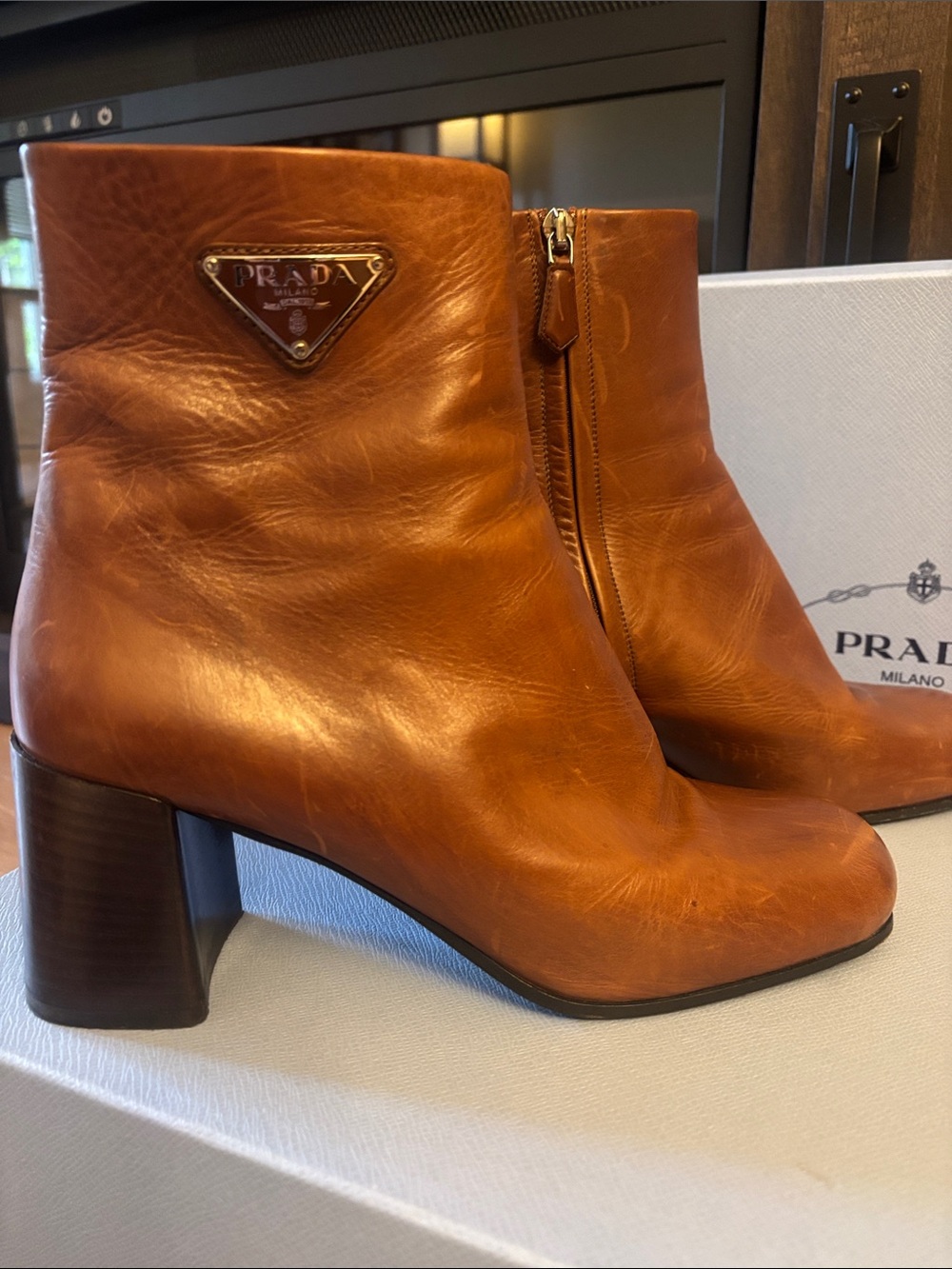 Prada Tan Leather Ankle Boots with Triangular Logo